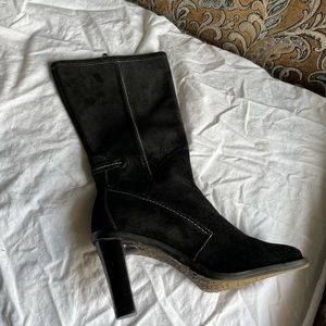 Falconnable Italian Black Leather Suede Heeled Boots